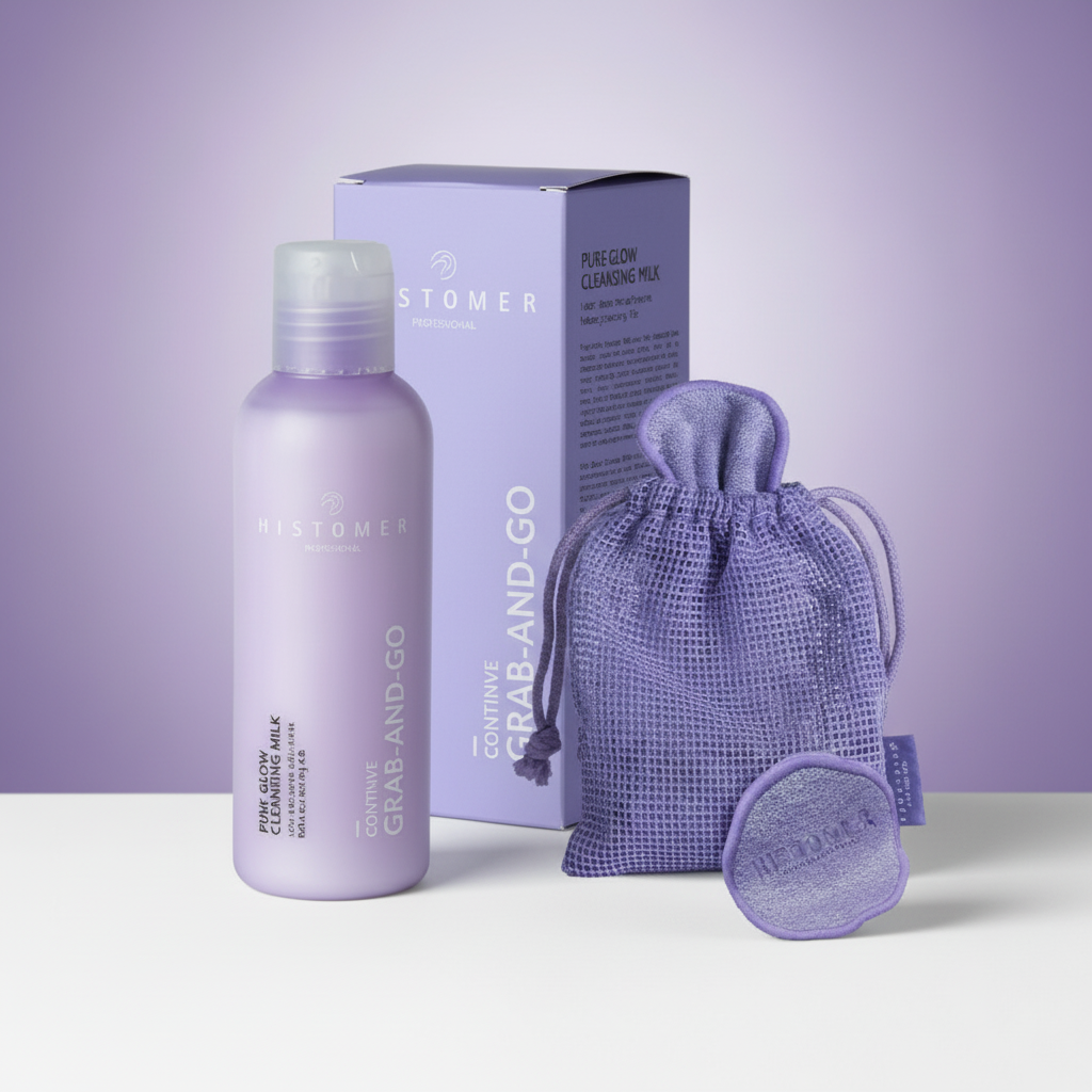 Cleansing milk set with purple gradient background