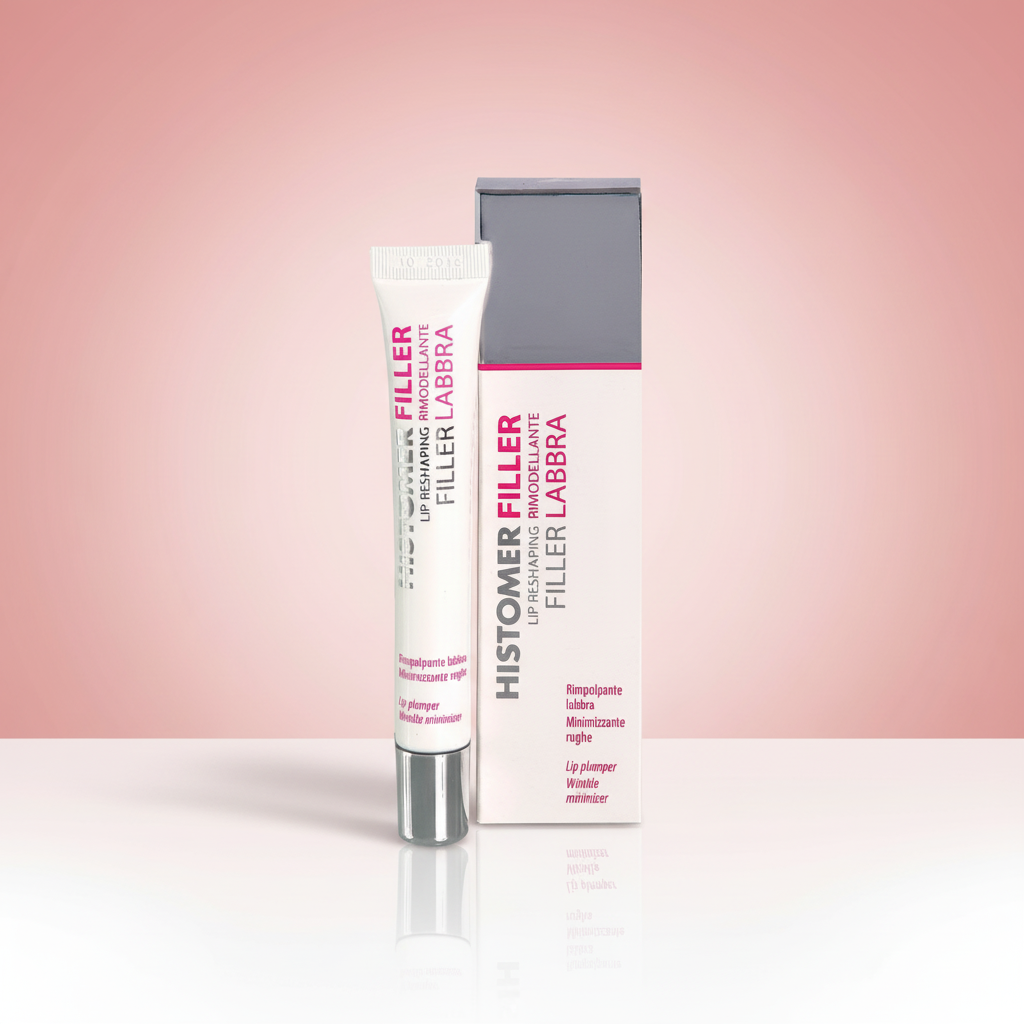 Lip filler with pink gradient background